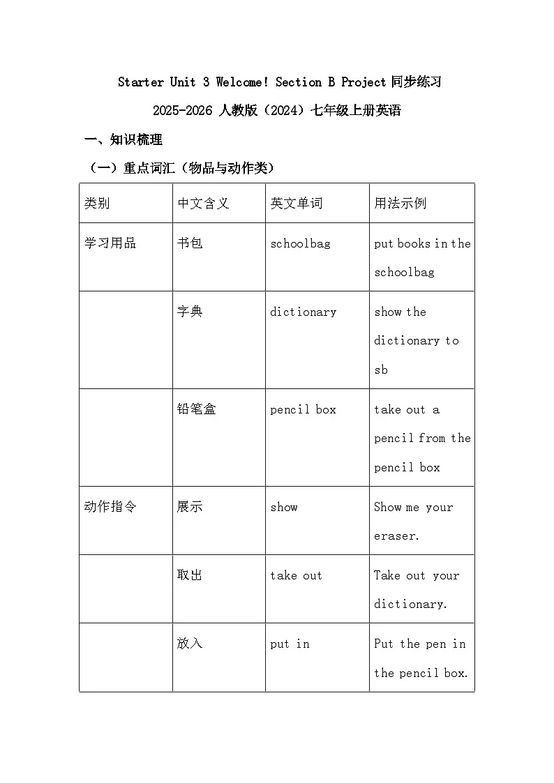 Starter Unit 3 Welcome! Section B Project同步练习2025-2026 人教版(2024)七年级上册英语(有答案)第1页