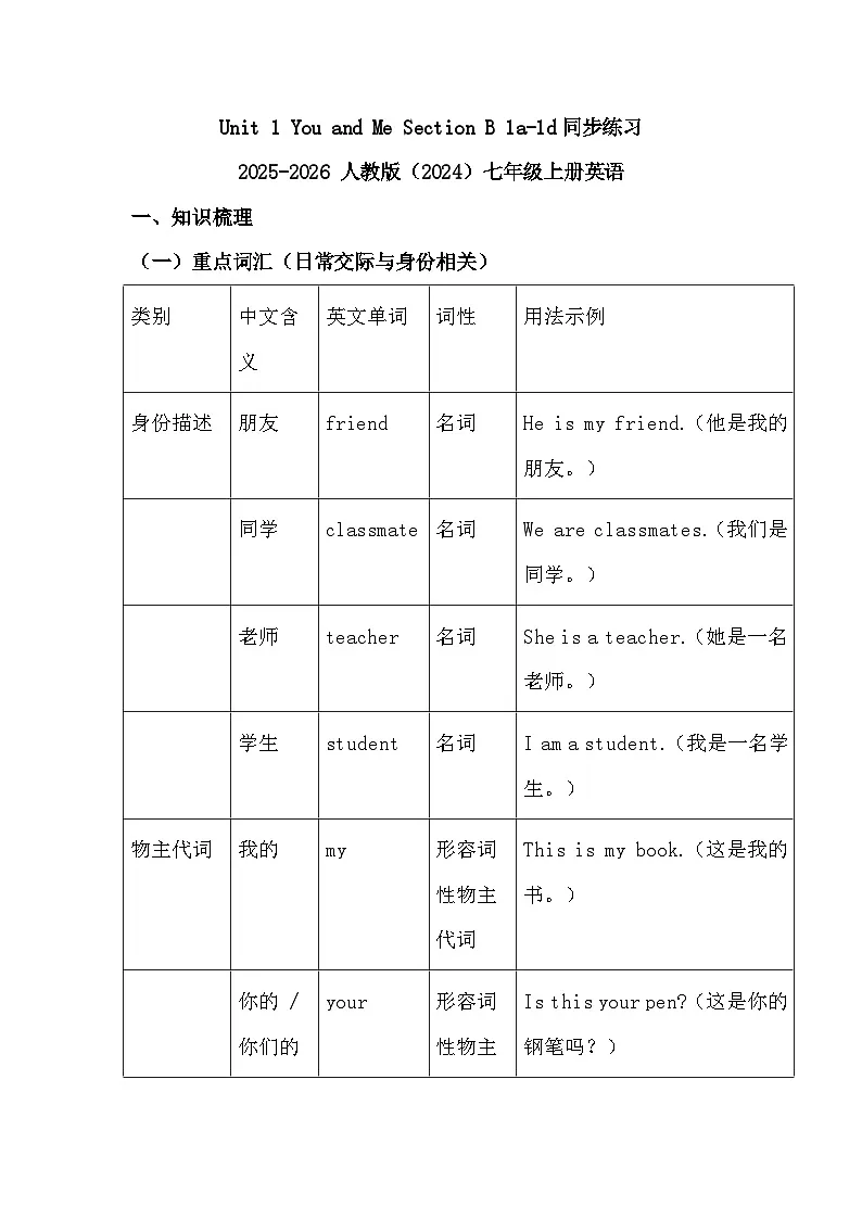Unit 1 You and Me Section B 1a-1d同步练习2025-2026 人教版(2024)七年级上册英语(有答案)第1页