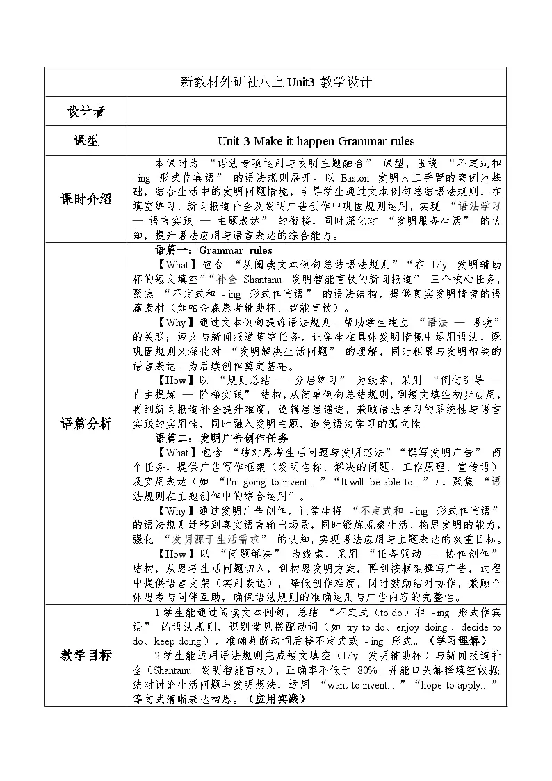 Unit3 Make it happen Grammar rules表格式教学设计-外研版八年级上册第1页