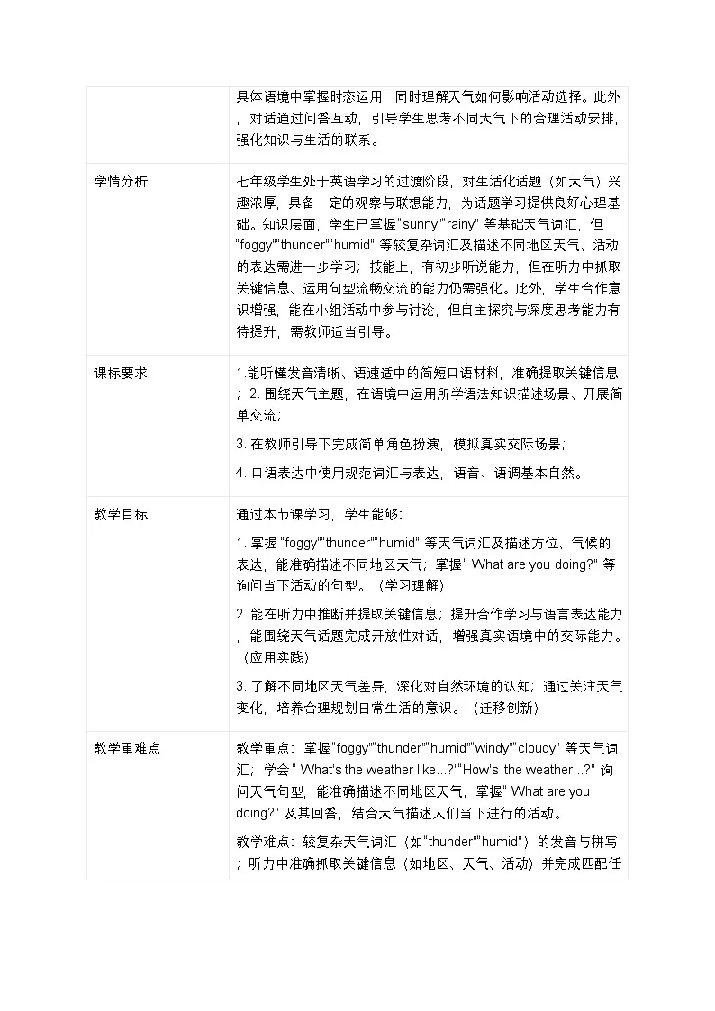 鲁教版七年级上册英语教学设计 Unit 2 Rain or Shine Section A (1a-1d)第2页