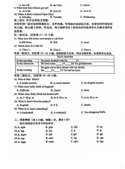 2024-2025江苏省常州市上学期七年级英语期中测试卷(无答案)第2页