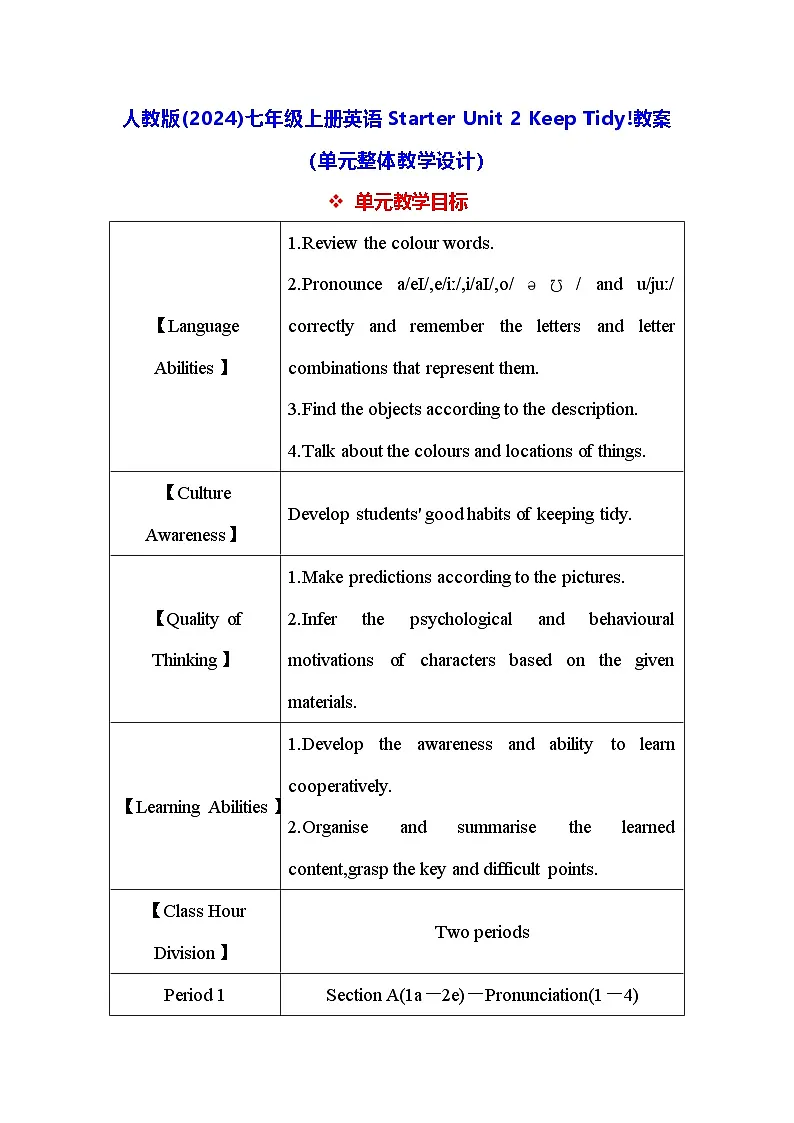人教版(2024)七年级上册英语Starter Unit 2 Keep Tidy!教案(单元整体教学设计)第1页