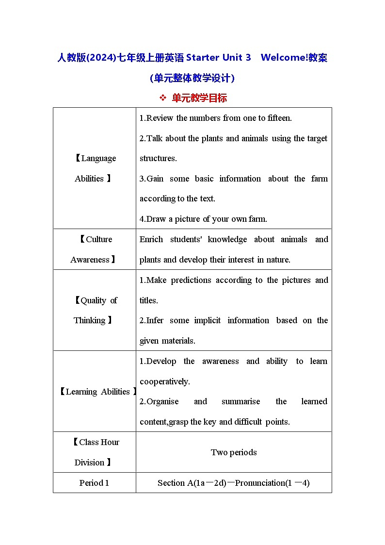 人教版(2024)七年级上册英语Starter Unit 3 Welcome!教案(单元整体教学设计)第1页