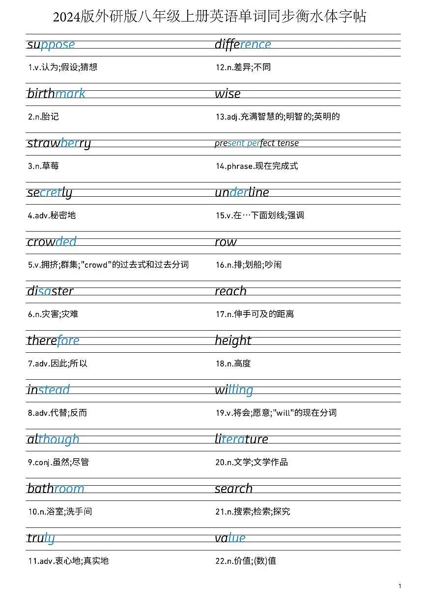 2024版外研版八年级上册英语单词同步衡水体字帖练习第1页