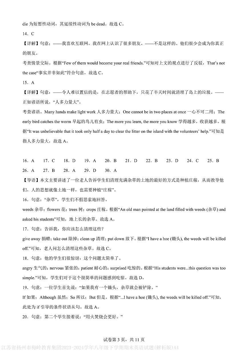江苏省扬州市梅岭教育集团2023-2024学年八年级下学期期末英语试题(解析版)A4第3页