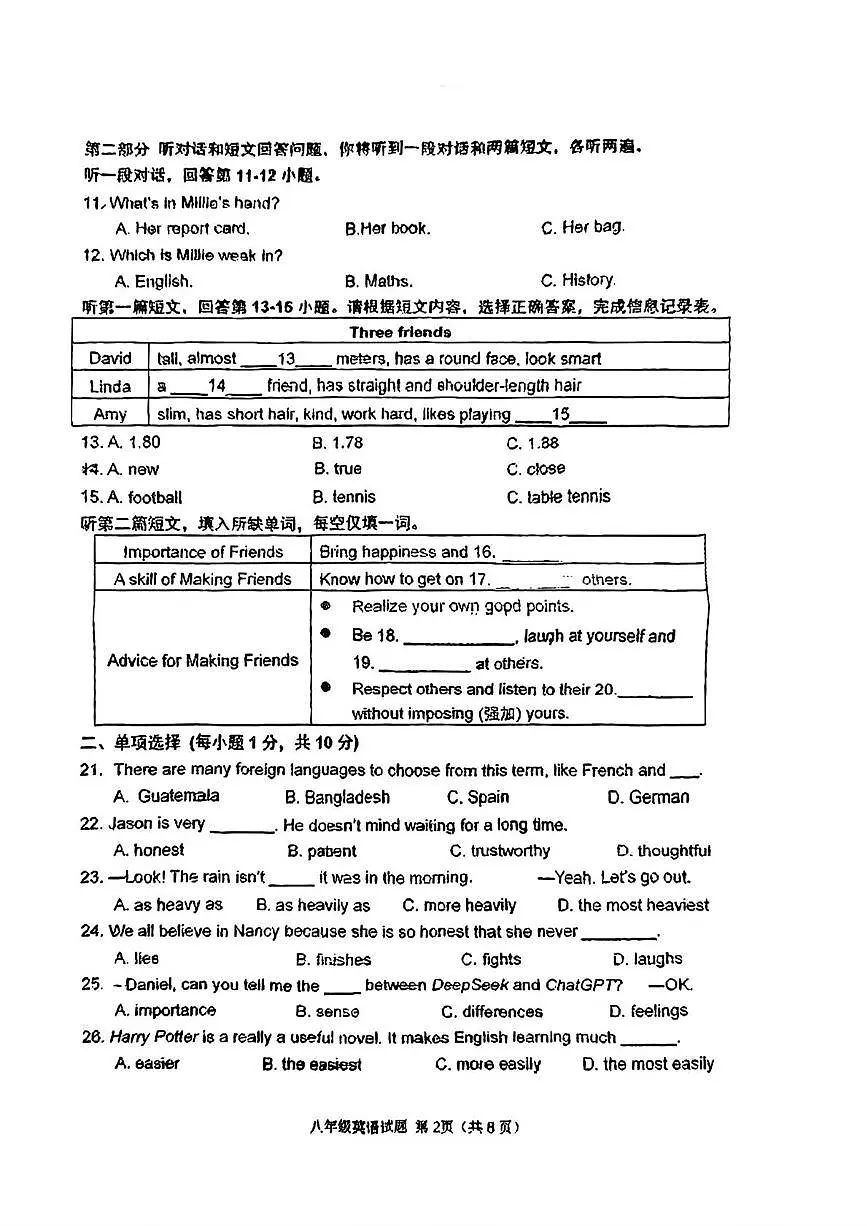 江苏省徐州市鼓楼区树人初级中学2025-2026学年八年级上学期10月月考英语试题第2页
