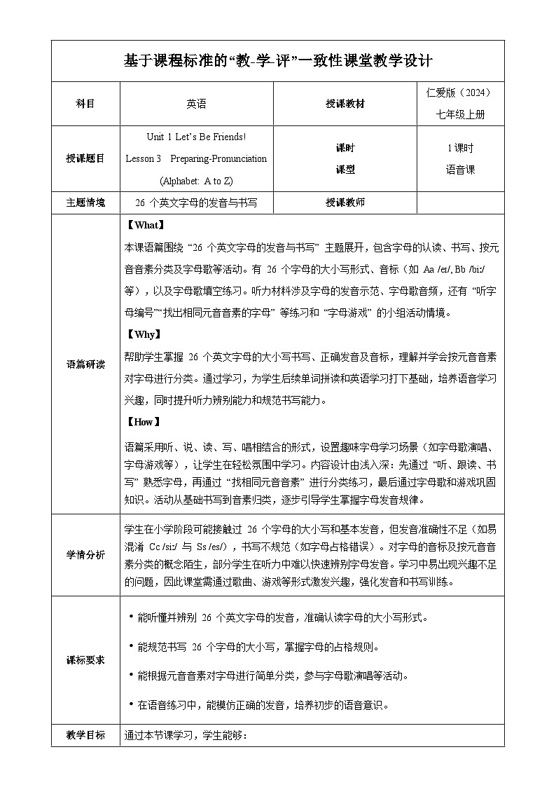 Unit 1 “准备”板块 Pronunciation 语音课(教学设计)英语仁爱科普版2024七年级上册第1页