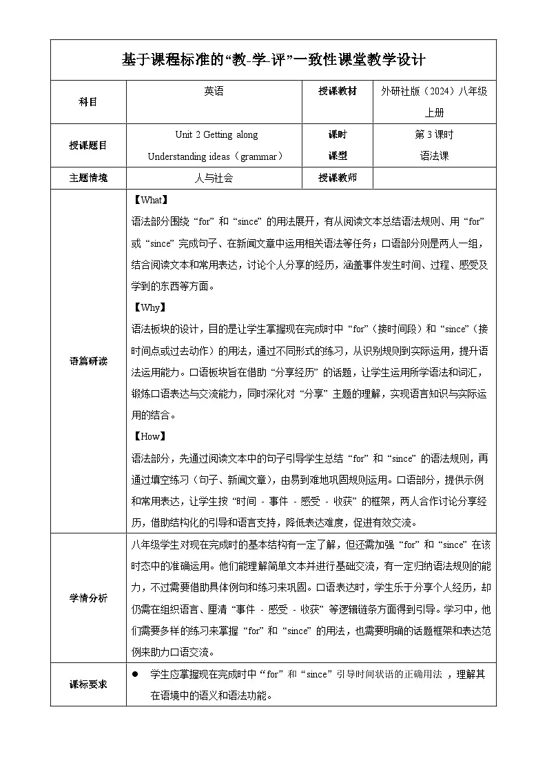 初中英语外研版2024八上Unit2课时3Understanding ideas (grammar)表格式教学设计第1页