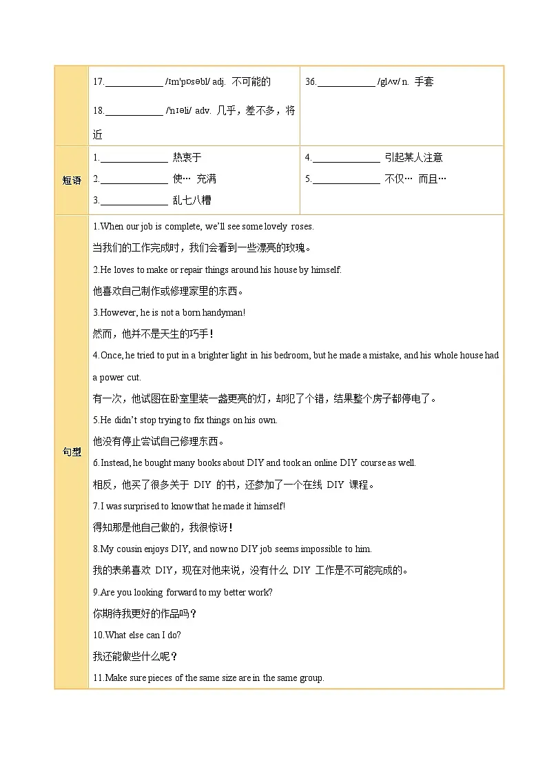 初中英语译林版(2024)八上Unit4 Hands-on fun(知识清单)(挖空版)第2页