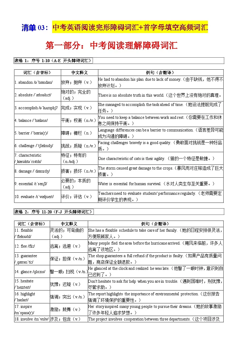 备考清单03:中考英语阅读完形障碍词汇 首字母填空高频词汇-2026 年中考英语总复习核心考点与题型突破讲练(上海专用)第1页