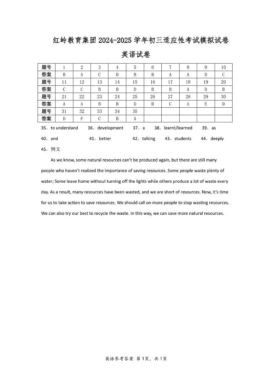 红岭教育集团2024-2025学年初三适应性考试模拟试卷英语答案第1页