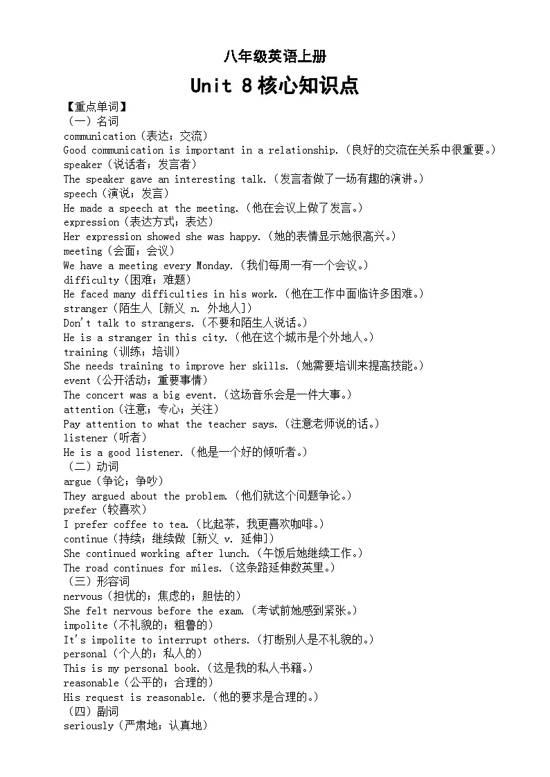 初中英语新人教版八年级上册Unit 8 Let's Communicate核心知识点(重点单词+重点短语+重点句型+重点语法)(2025秋)第1页