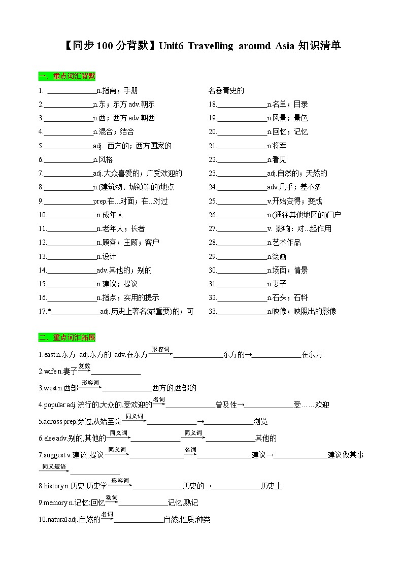 【同步100分背默】Unit6 Travelling around Asia知识清单(默写版)-2024-2025学年七年级上册同步知识背默(沪教牛津版2024)第1页