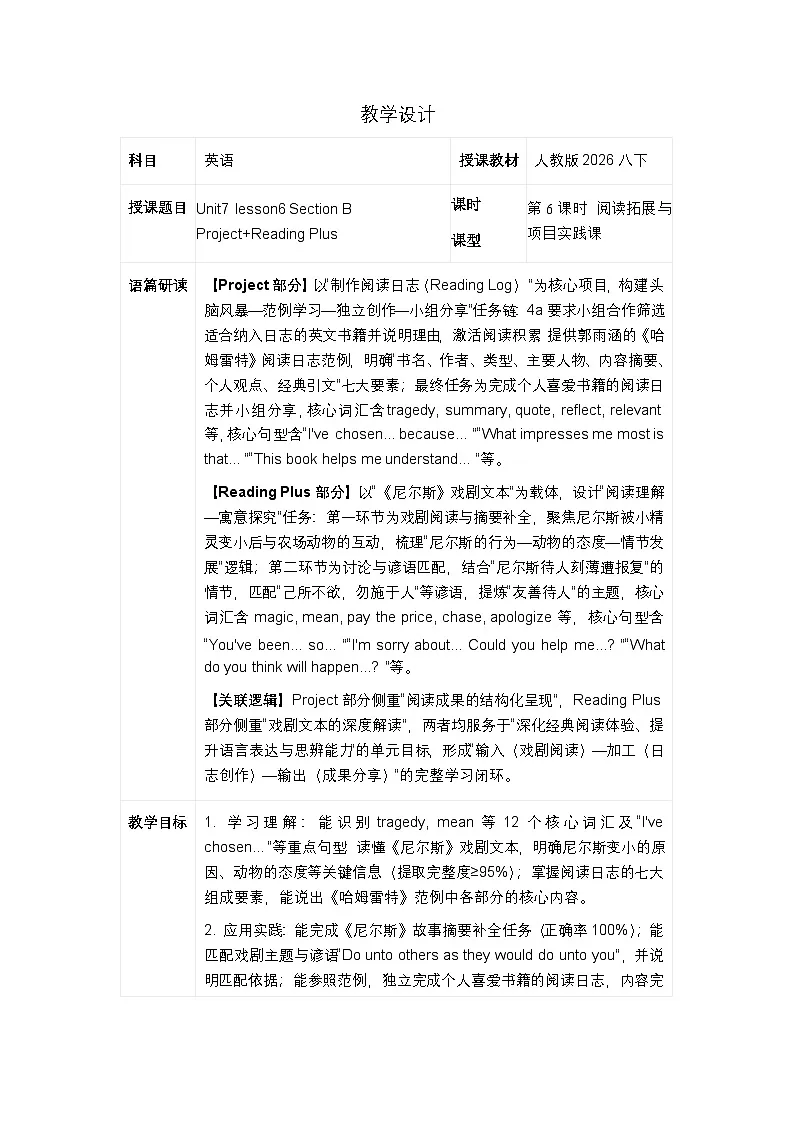 人教版2026初中英语八年级下册Unit7 lesson6 Section B project+reading plus表格式教案第1页