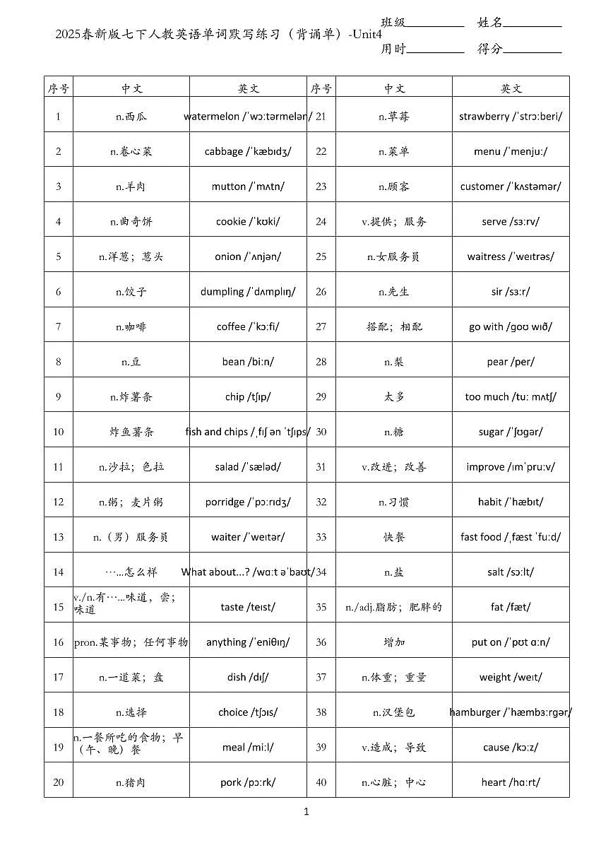 2024版人教版七年级下册英语单词默写练习含答案(背诵单)-Unit4第1页