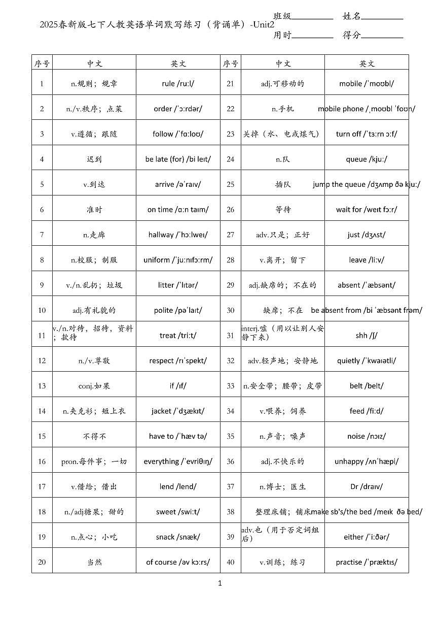 2024版人教版七年级下册英语单词默写练习含答案(背诵单)-Unit2第1页