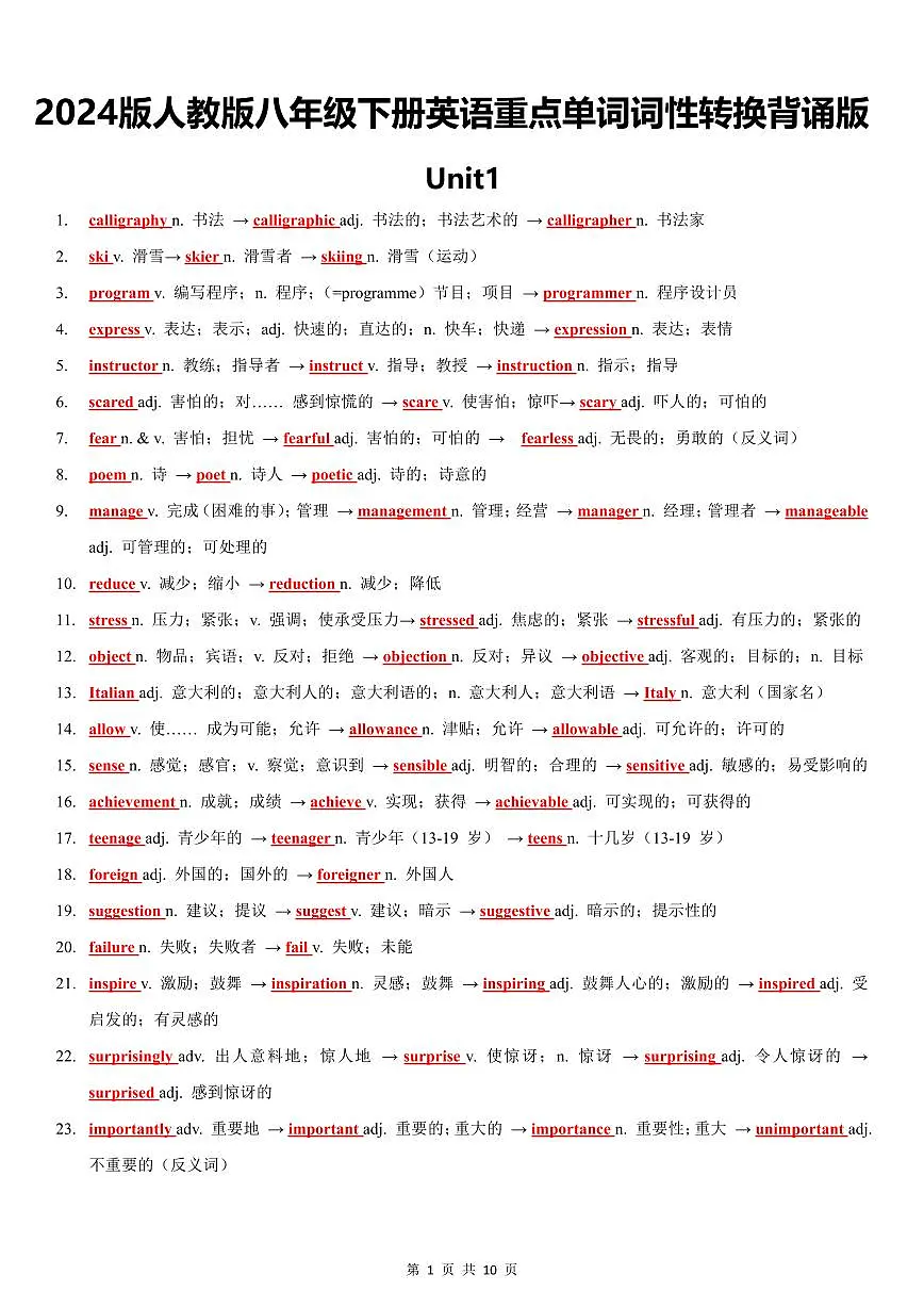 2024版人教版八年级下册英语期末重点单词词性转换知识点(背诵版+默写版)第1页