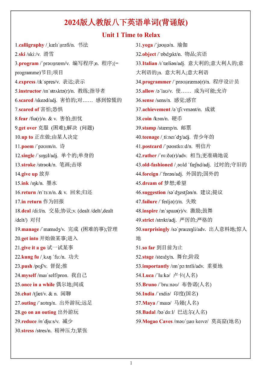 2024版人教版八年级下册英语期末全册单词知识点背诵版第1页