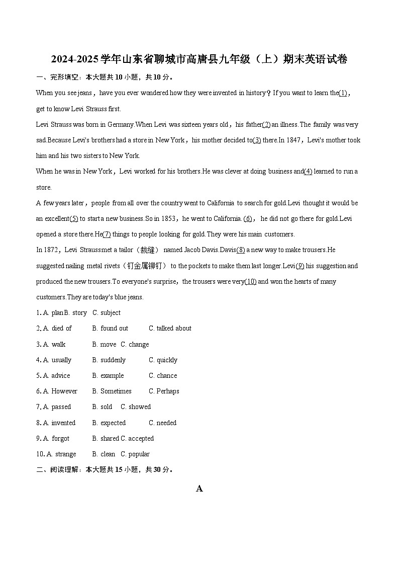 2024-2025学年山东省聊城市高唐县九年级(上)期末英语试卷-自定义类型第1页