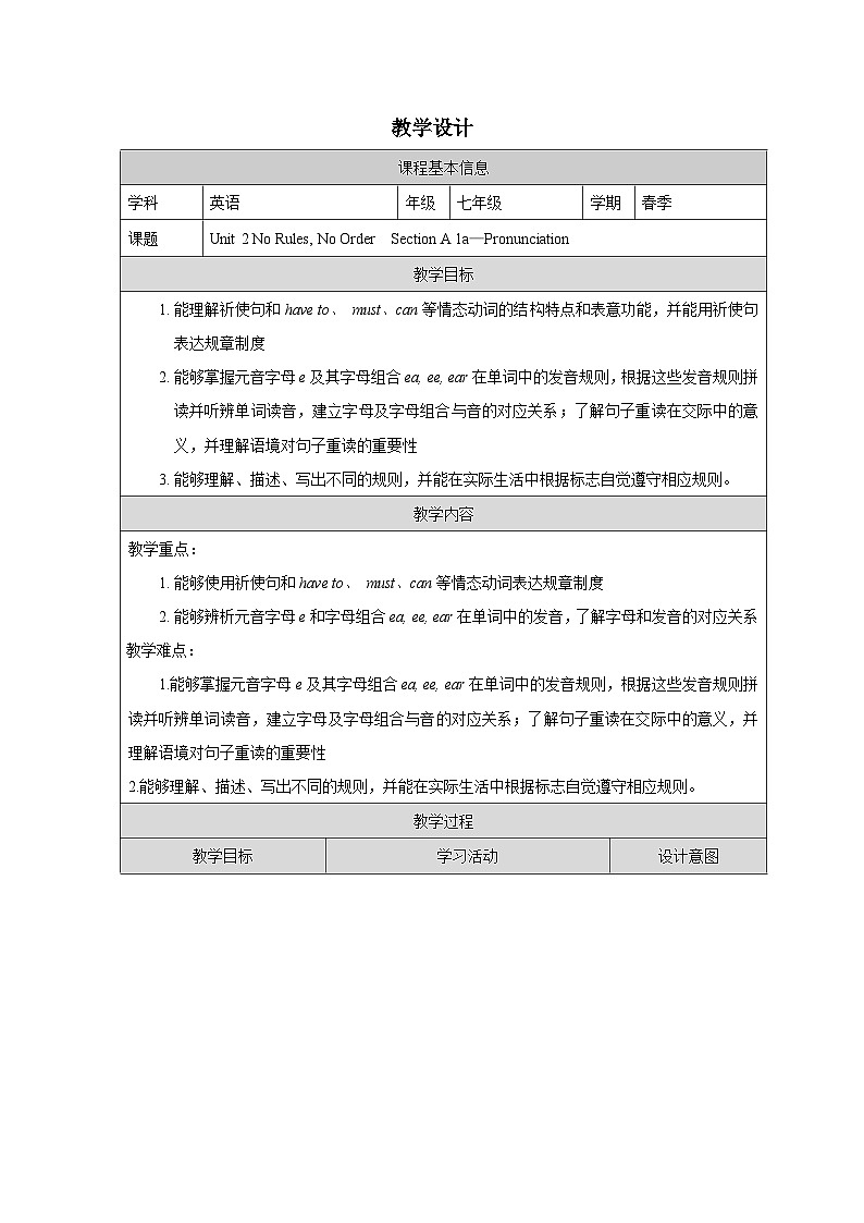 Unit2:Section A 1a-Pronunciation教学设计表格式 -2025-2026学年《英语》七年级·下册(2024人教版)第1页