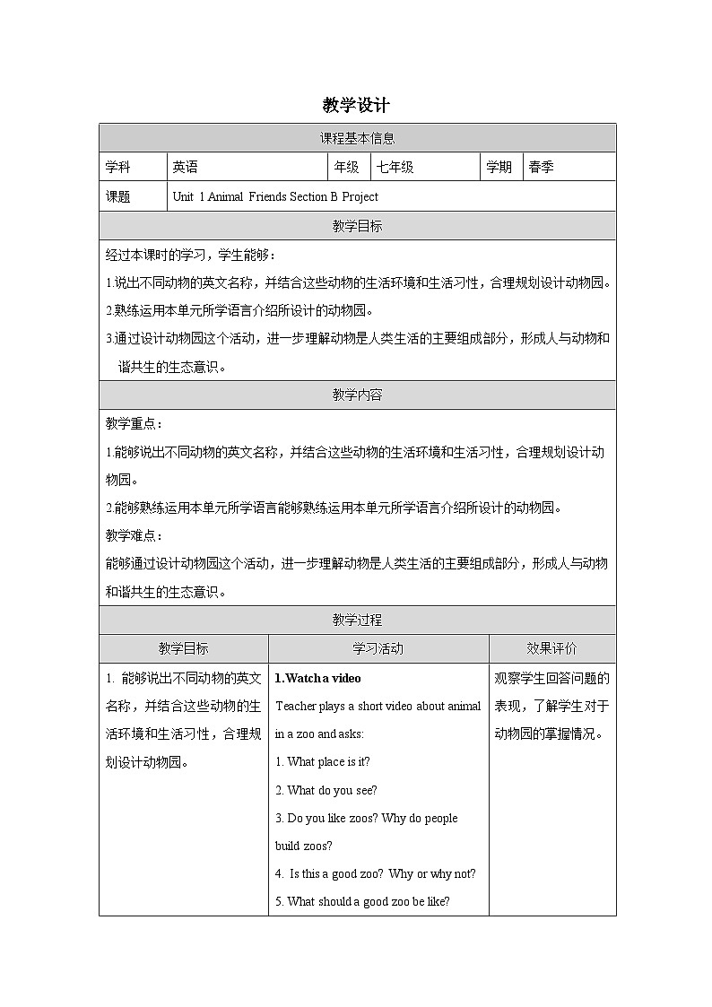 Unit1:Project教学设计表格式 -2025-2026学年《英语》七年级·下册(2024人教版)第1页