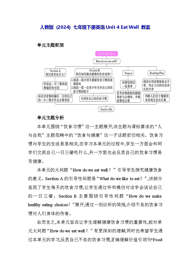 人教版(2024)七年级下册英语Unit 4 Eat Well 教案第1页