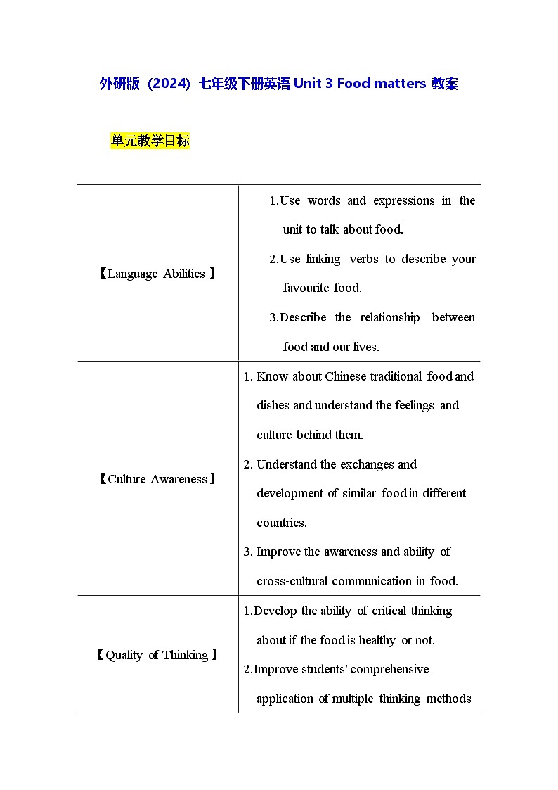 外研版(2024)七年级下册英语Unit 3 Food matters 教案第1页