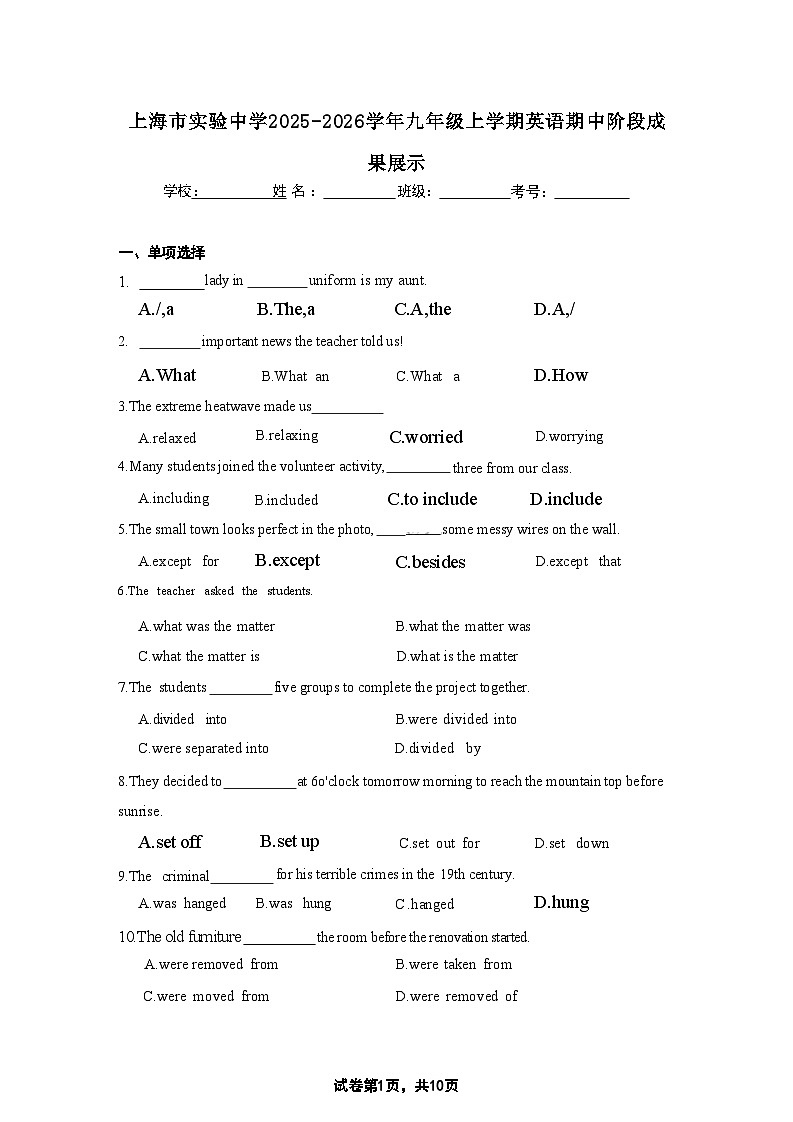 上海市实验中学2025-2026学年九年级上学期英语期中阶段成果展示试题及答案第1页