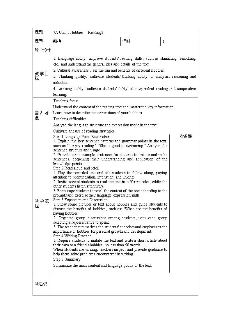 Unit 2 Hobbies :Reading2教学设计2025-2026学年七年级上册英语译林版(2024)第1页