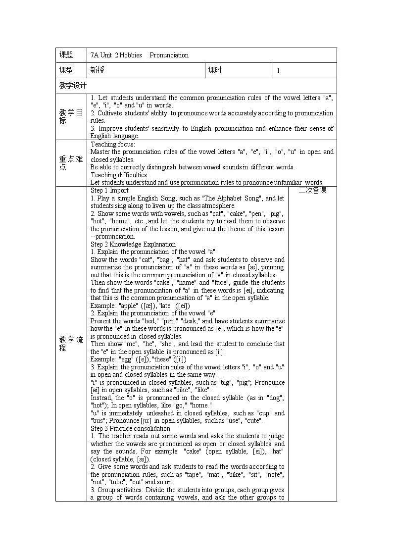 Unit 2 Hobbies :Pronunciation教学设计2025-2026学年七年级上册英语译林版(2024)第1页
