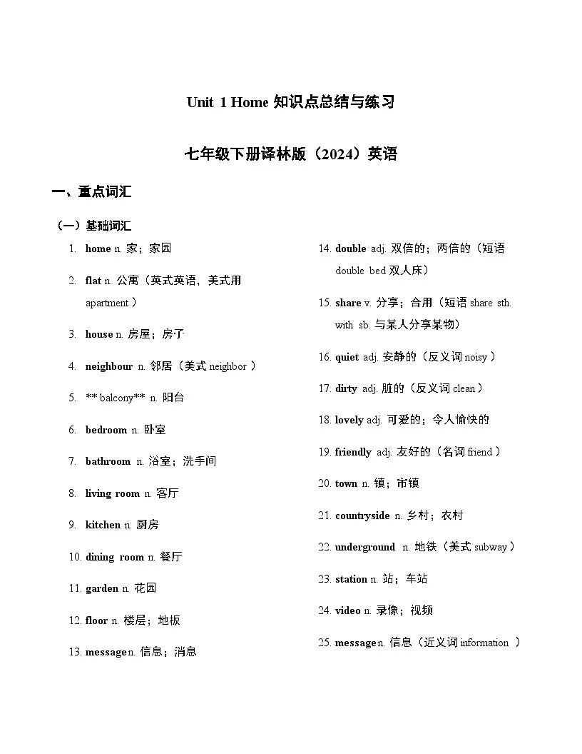 Unit 1 Home 知识点总结与练习 2024-2025学年译林版(2024)七年级英语下册第1页