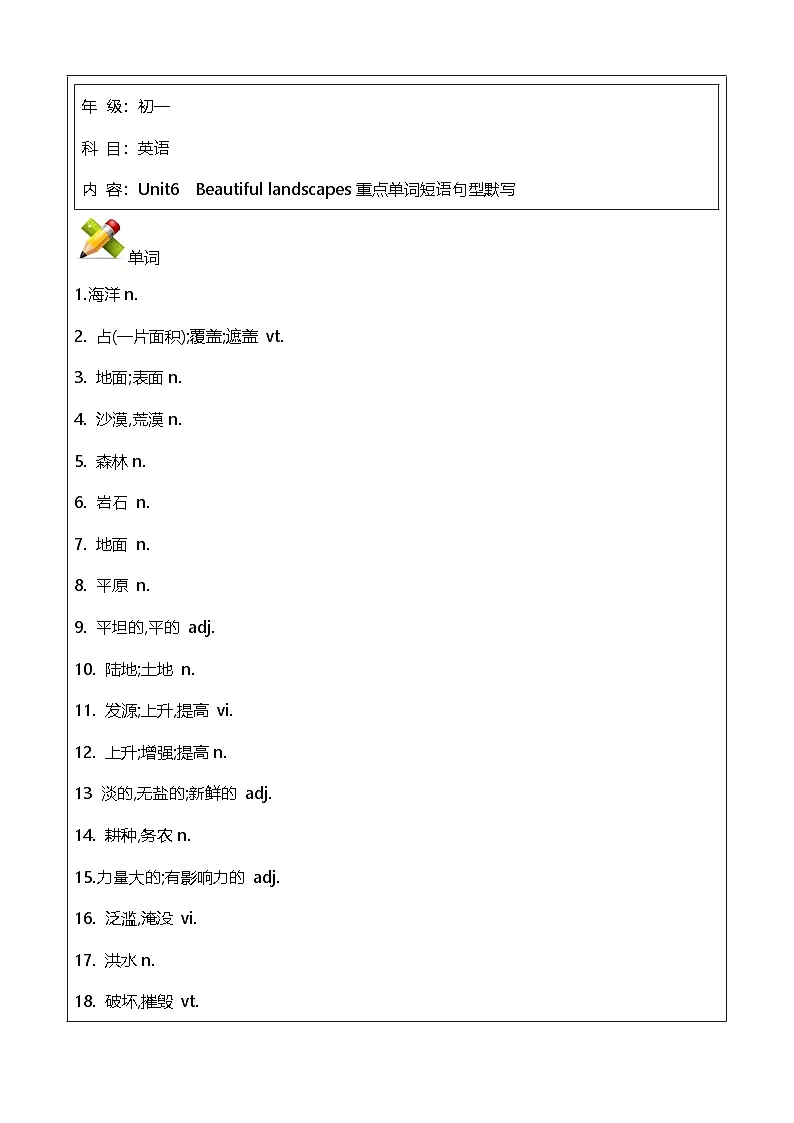 Unit6 Beautiful landscapes 重点单词短语默写-练习(含答案) 2025-2026学年译林版英语七年级下册第1页