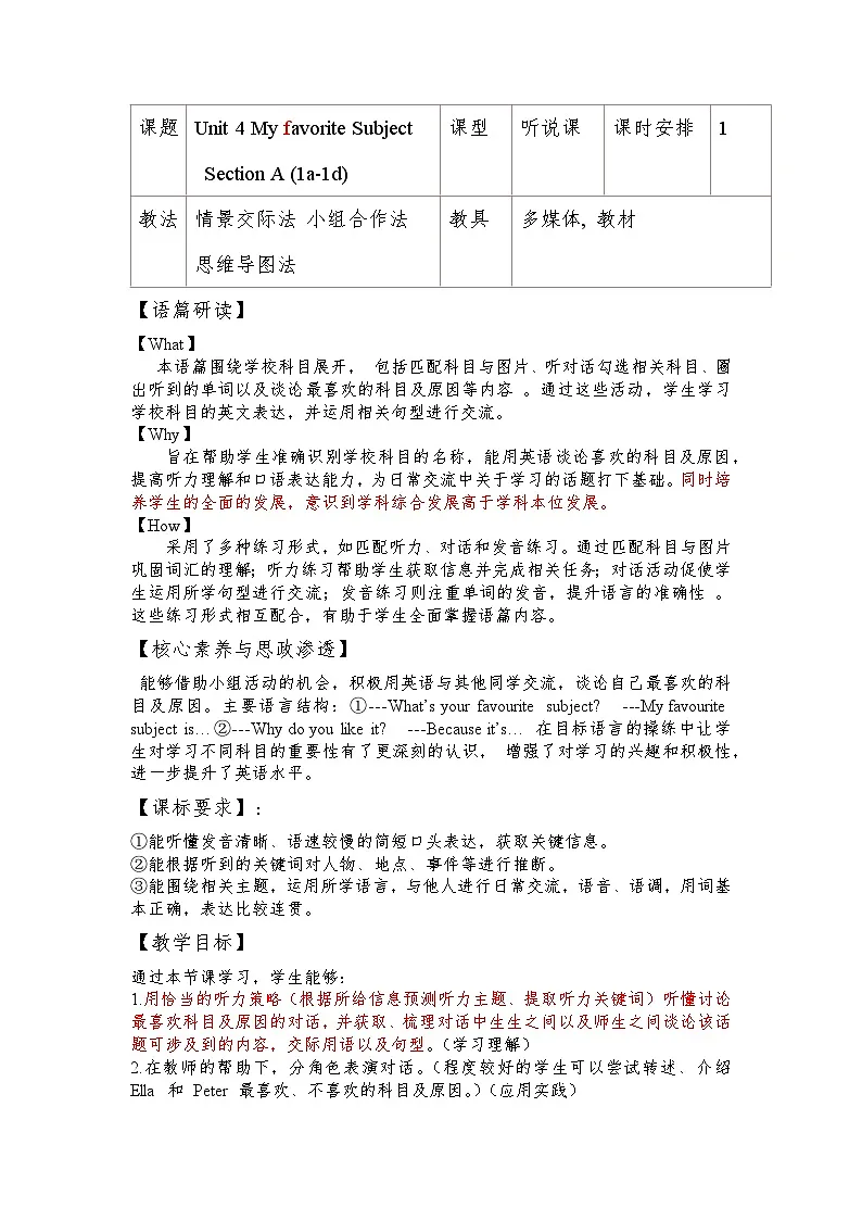 人教版(2024)初中英语七年级上册 Unit 4 My Favourite Subject Section A 1a-1d 教案第1页