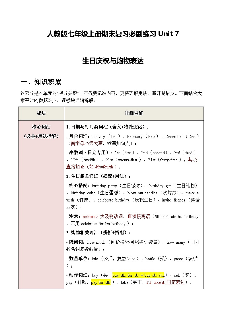 人教版七年级上册期末复习必刷练习Unit 7生日庆祝与购物表达(原卷版)第1页