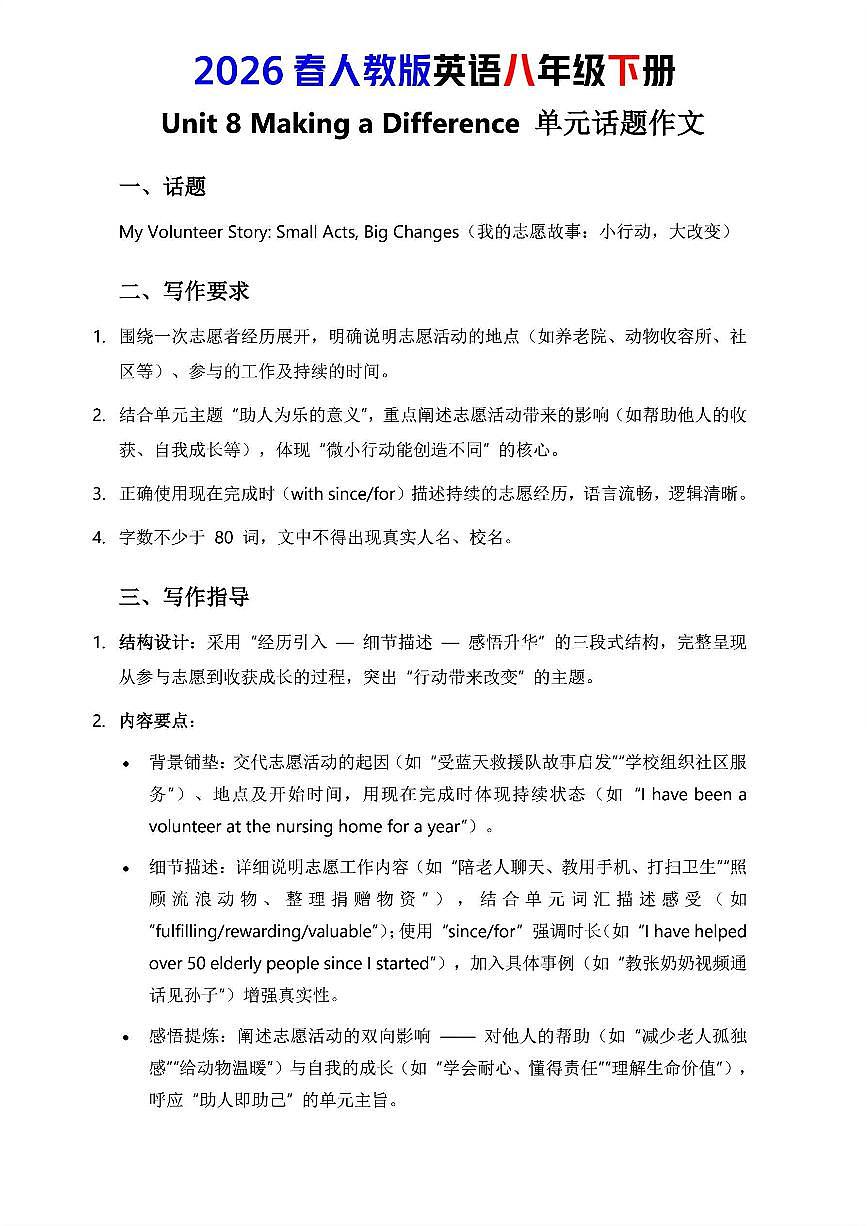 人教版八年级下册英语第八单元作文写作点拨与范文指导知识点第1页