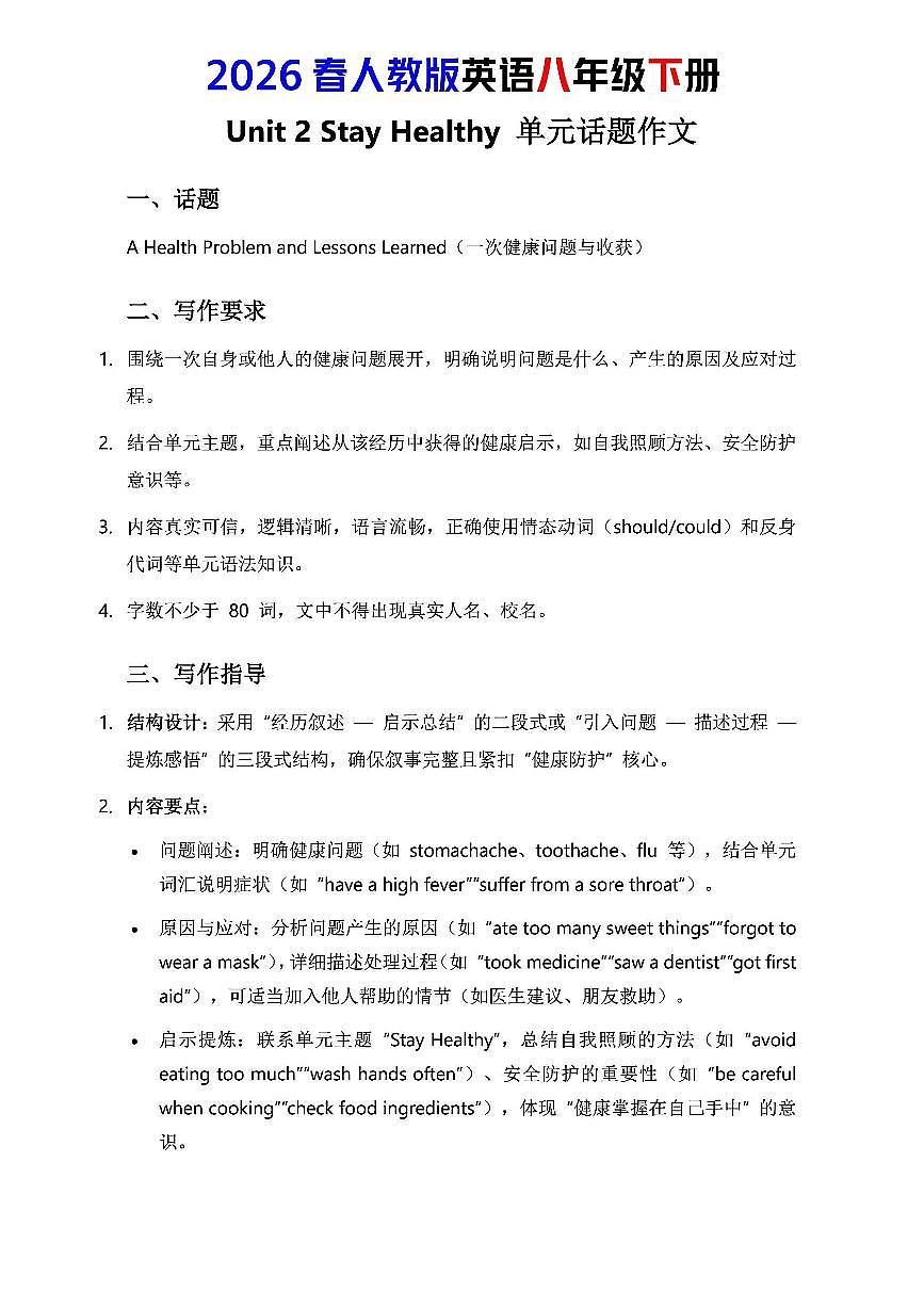 人教版八年级下册英语第二单元作文写作点拨与范文指导知识点第1页