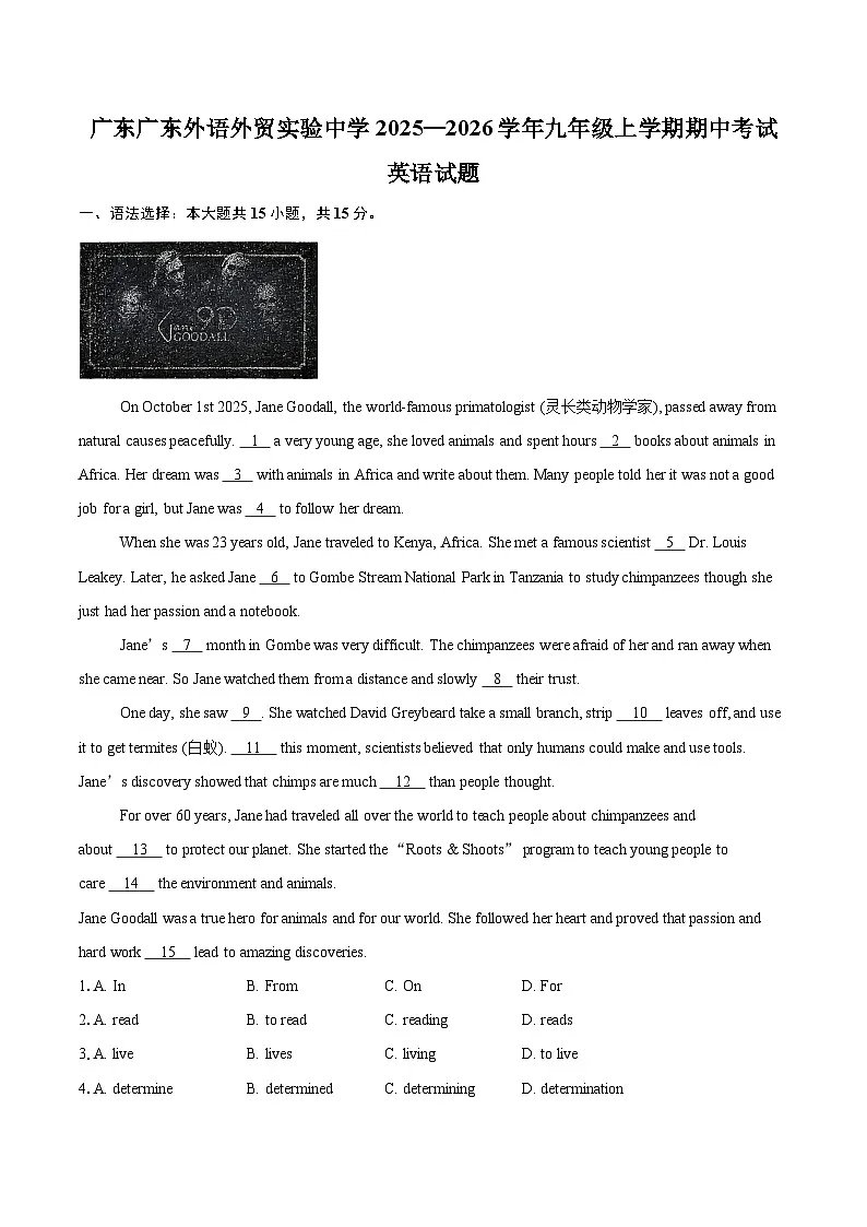 广东广东外语外贸实验中学2025—2026学年九年级上学期期中考试英语试题-自定义类型第1页