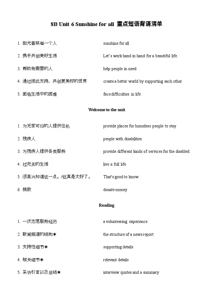 Unit 6 Sunshine for all重点短语背诵、默写清单2025-2026学年译林版八年级英语下册第1页