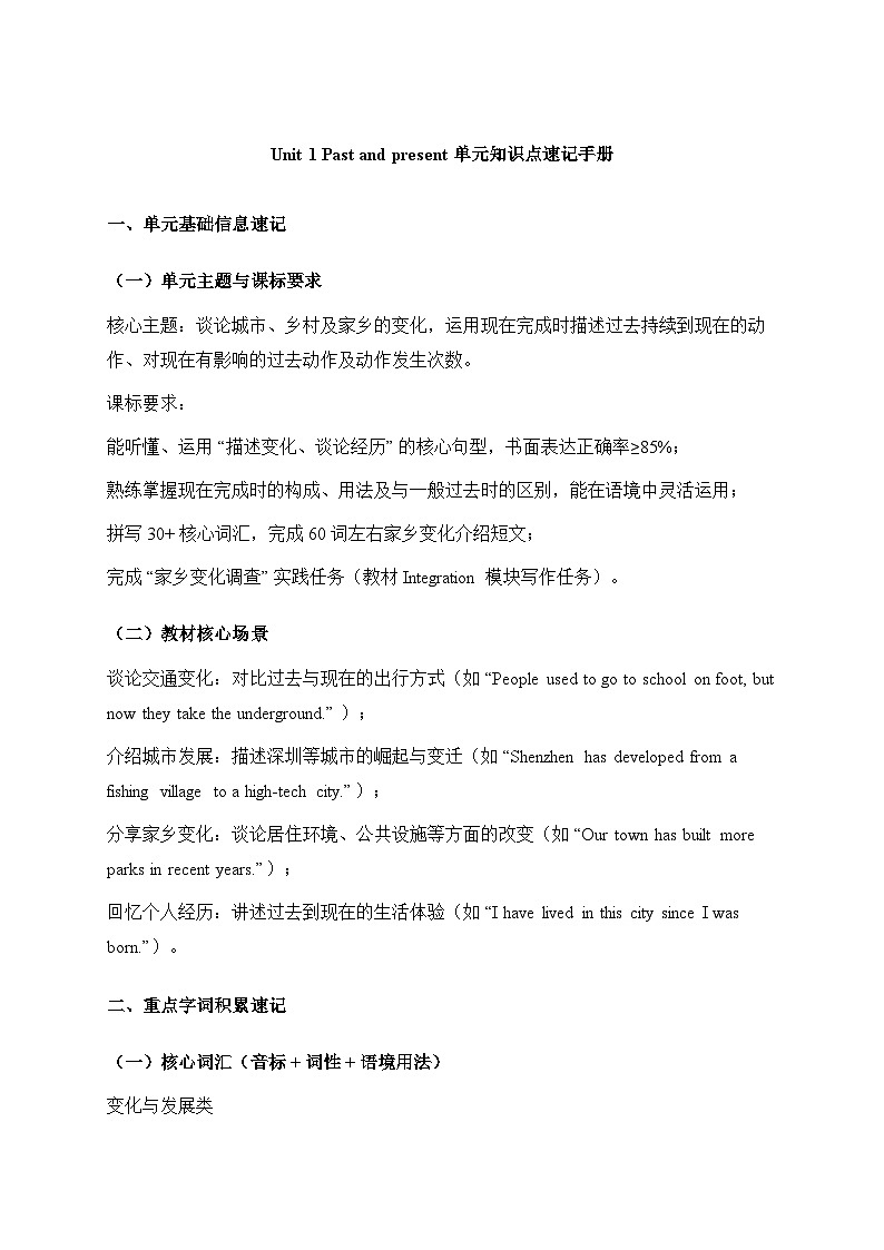 译林版八下英语Unit 1 Past and present 单元知识点速记手册第1页