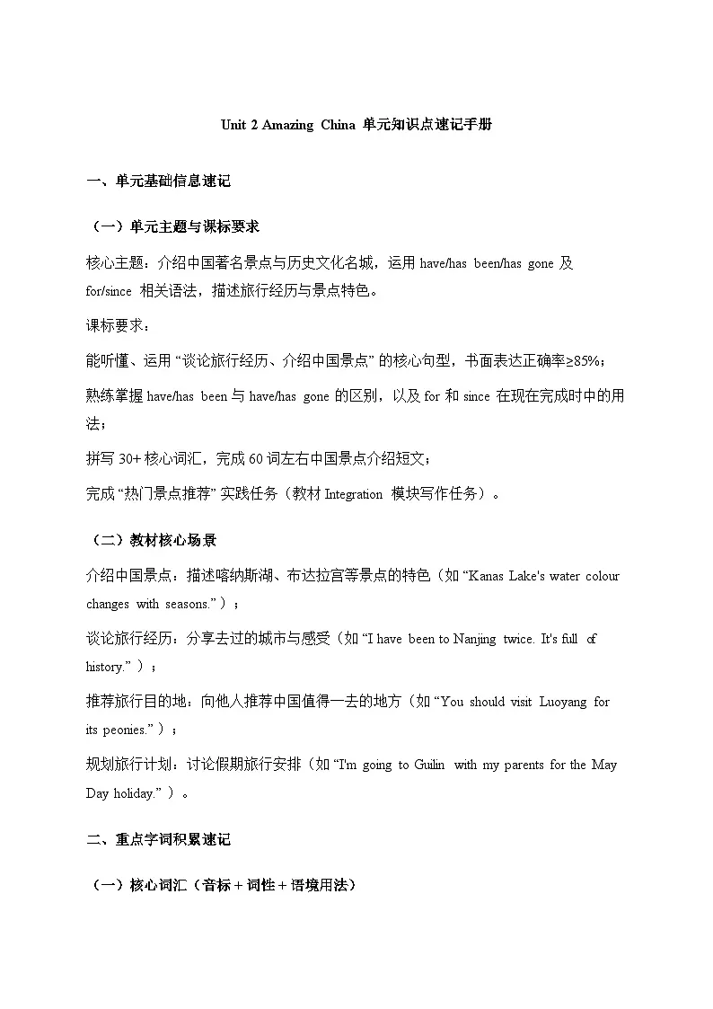 译林版八下英语Unit 2 Amazing China 单元知识点速记手册第1页