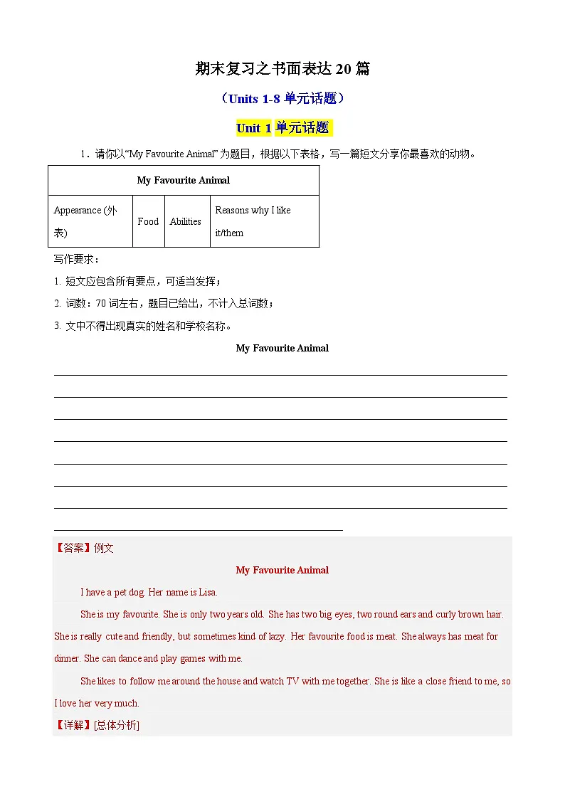 2024版人教版七年级下册英语 期末复习之书面表达20篇(Units 1-8 单元话题)知识点第1页