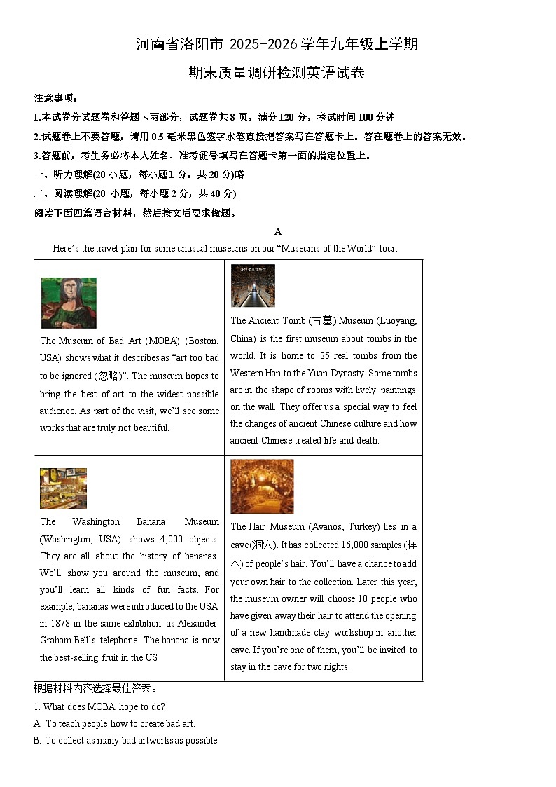 2025-2026学年河南省洛阳市九年级上学期期末质量调研检测英语试卷(学生版)第1页