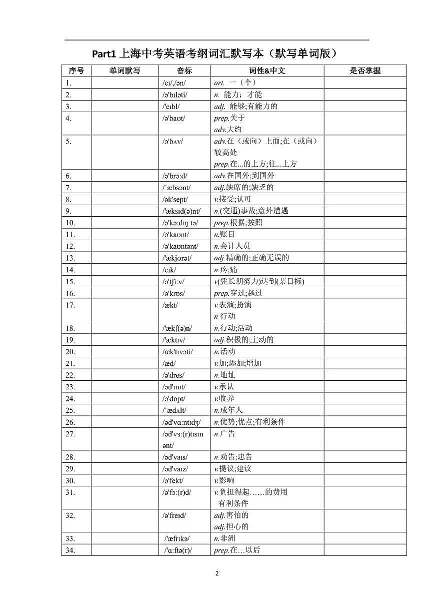上海市中考英语考纲词汇默写练习无答案第2页