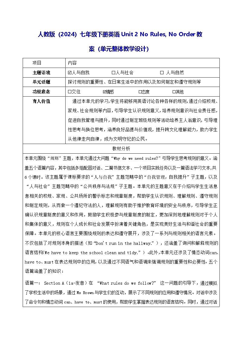 人教版(2024)七年级下册英语Unit 2 No Rules, No Order教案(单元整体教学设计)第1页