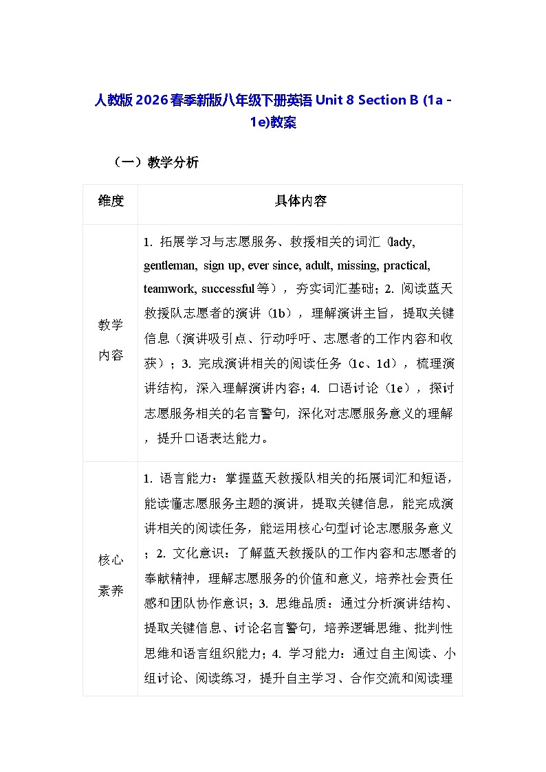 人教版2026春季新版八年级下册英语Unit 8 Section B (1a - 1e)教案第1页