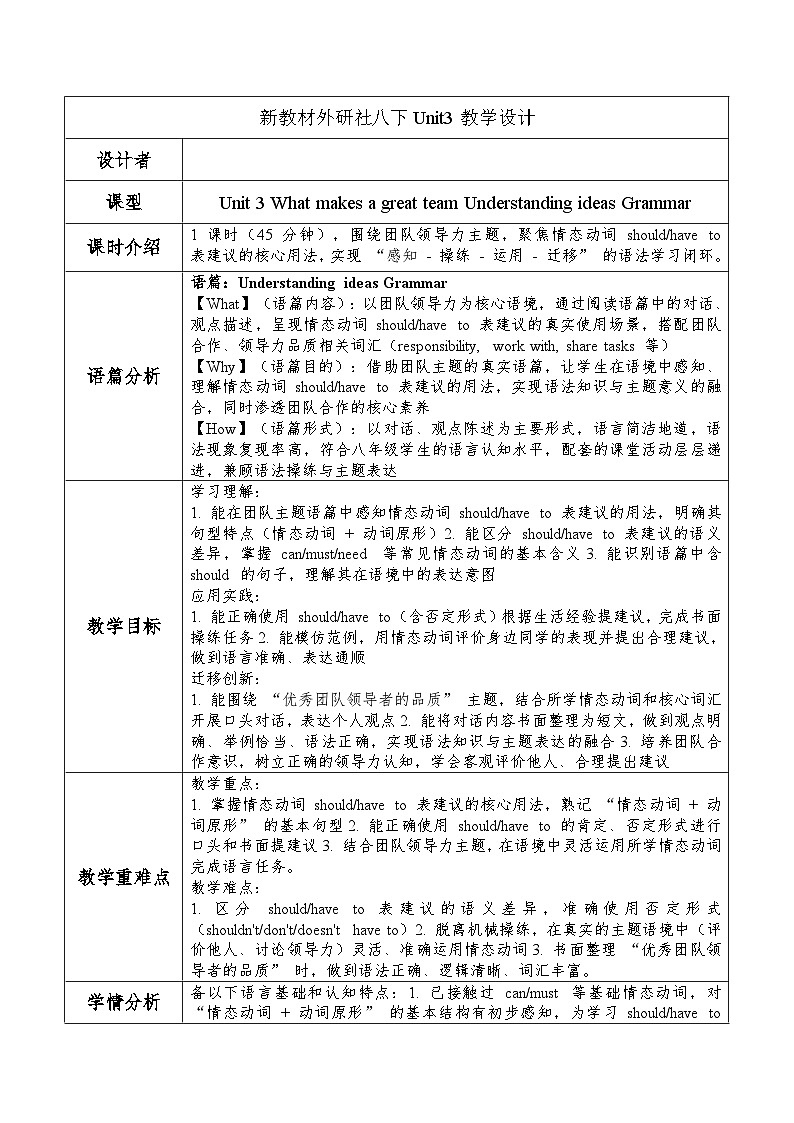 Unit 3 What makes a great team Understanding ideas Grammar 表格式教学设计-新外研版八年级下册第1页