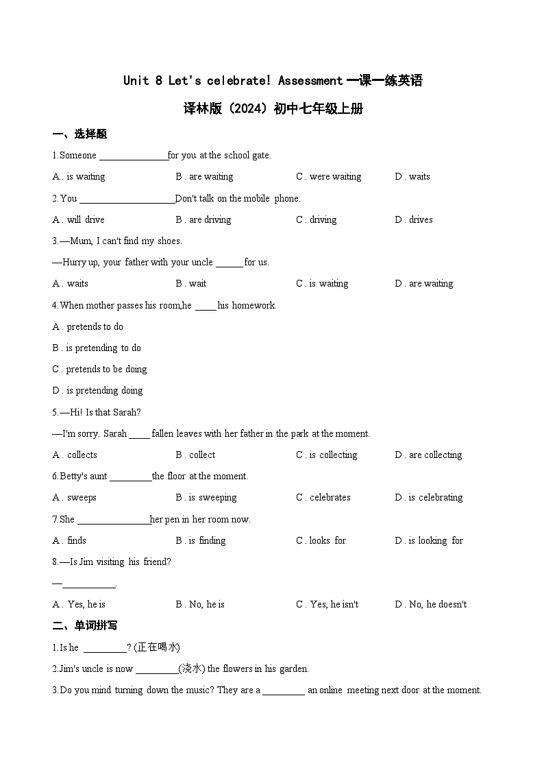 Unit 8 Let's celebrate! Assessment一课一练英语译林版(2024)初中七年级上册(无答案)第1页