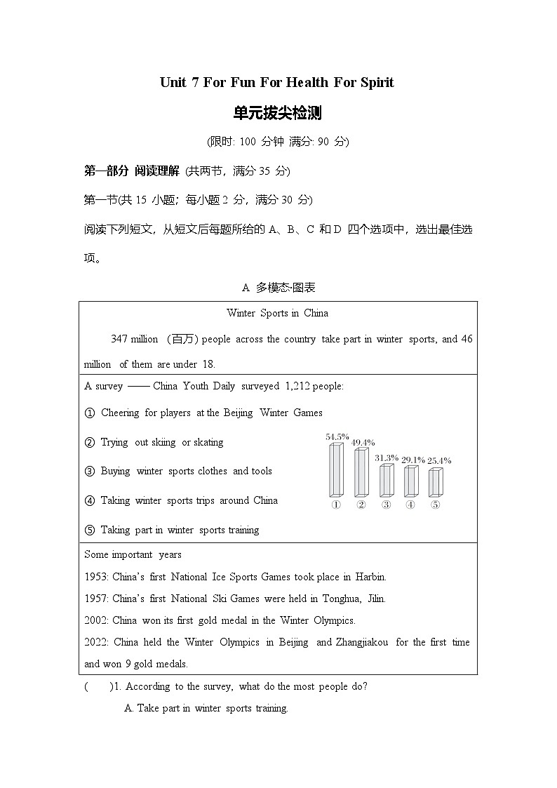 Unit 7 For Fun For Health For Spirit 单元拔尖检测(含答案) 鲁教版五四制英语七年级下册第1页