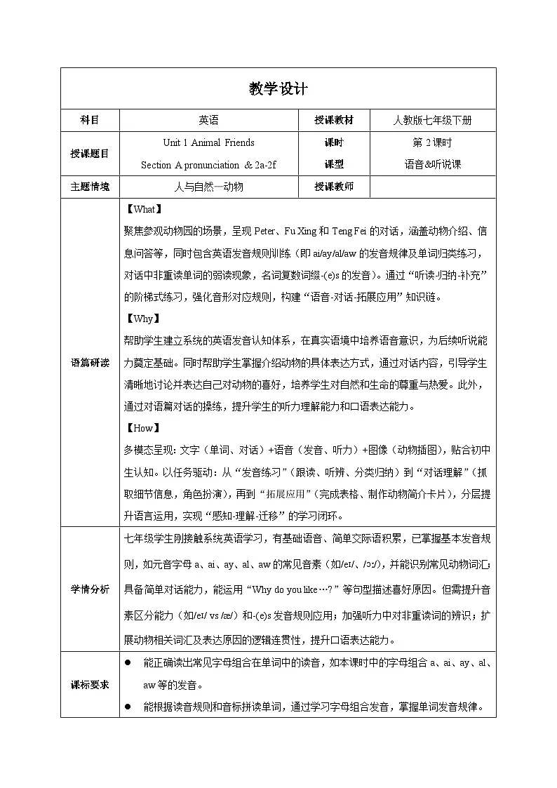 人教版2024初中英语七下Unit1 课时2 Section A Pronunciation-2a-2f 表格式教学设计第1页