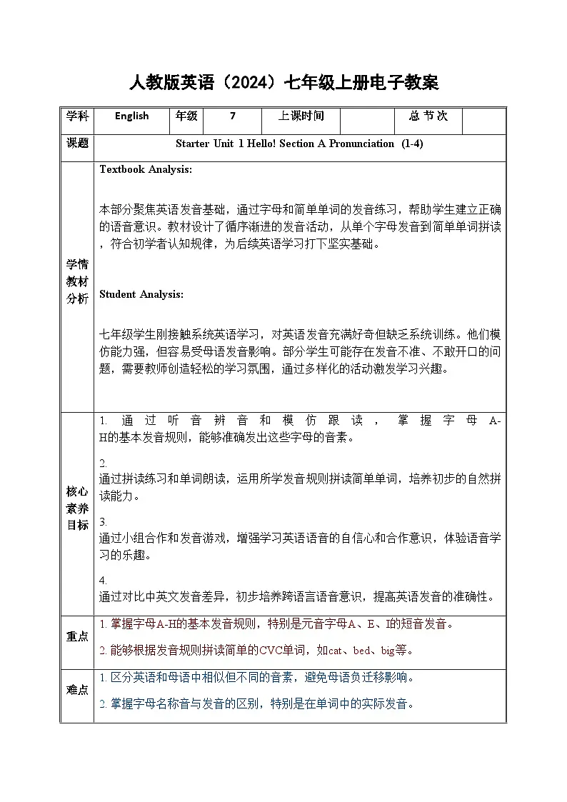人教版(2024)英语七年级上册Starter Unit 1 Hello Section A pronunciation 教案(表格式)第1页